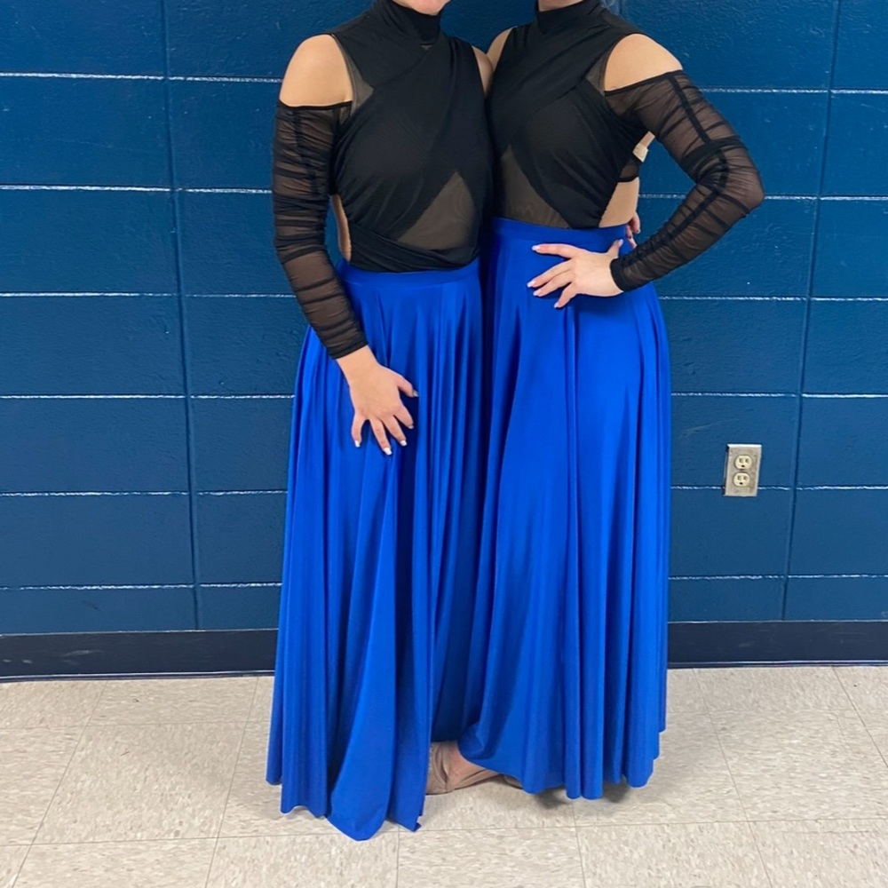 Black Body Suit with open shoulder. Blue Long Skirt. (Dance Costume)